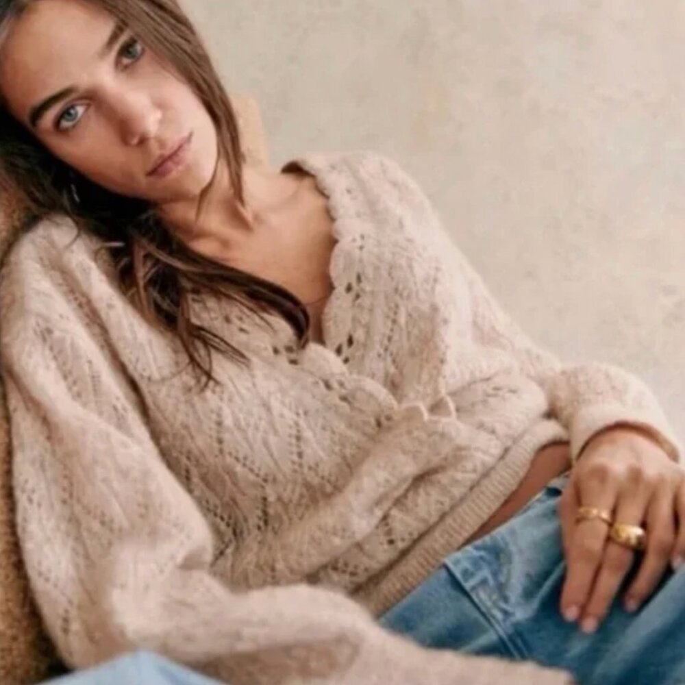 BEST Sezane Nathalia Jumper XXL Beige Sweater V-Neck Wool French - Picture 4 of 9